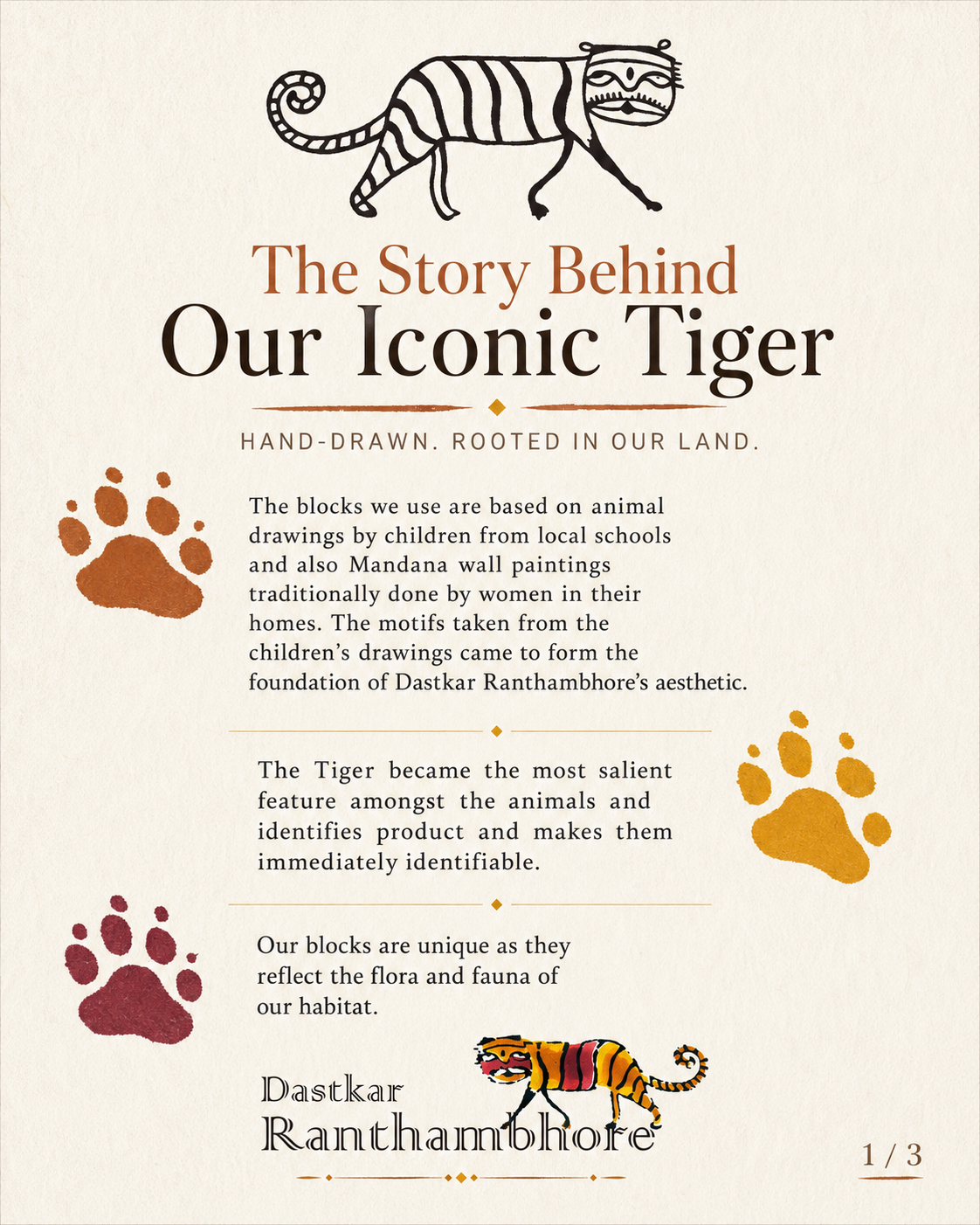 The Story Behind Our Iconic Tiger — hand-drawn blocks rooted in local children's drawings and Mandana wall paintings.