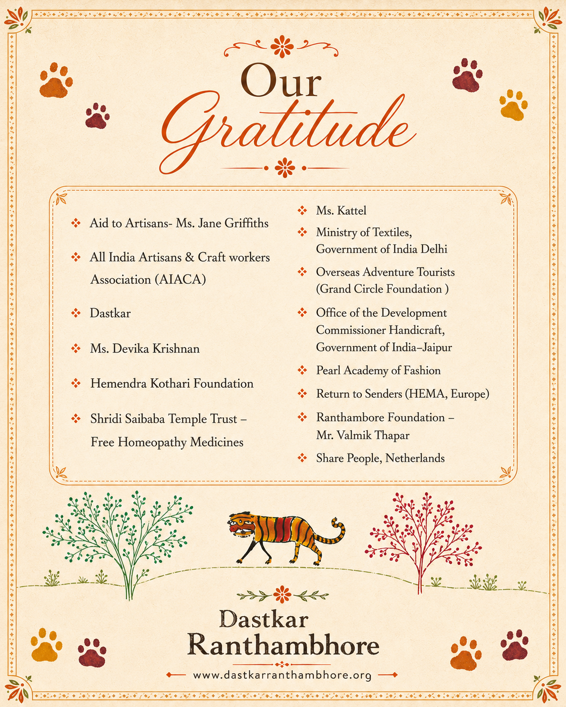 Our gratitude to partners and supporters including Dastkar, Ministry of Textiles, Hemendra Kothari Foundation, Pearl Academy of Fashion, and many others.