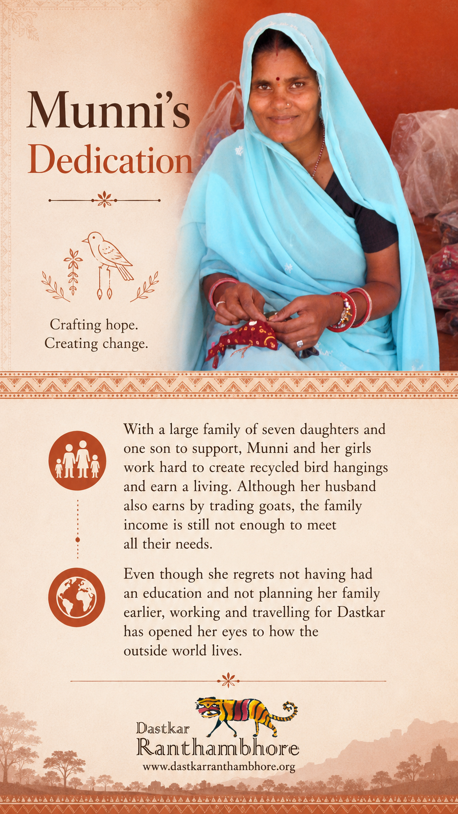 Munni's Dedication — crafting hope and creating change through recycled bird hangings at Dastkar Ranthambhore.